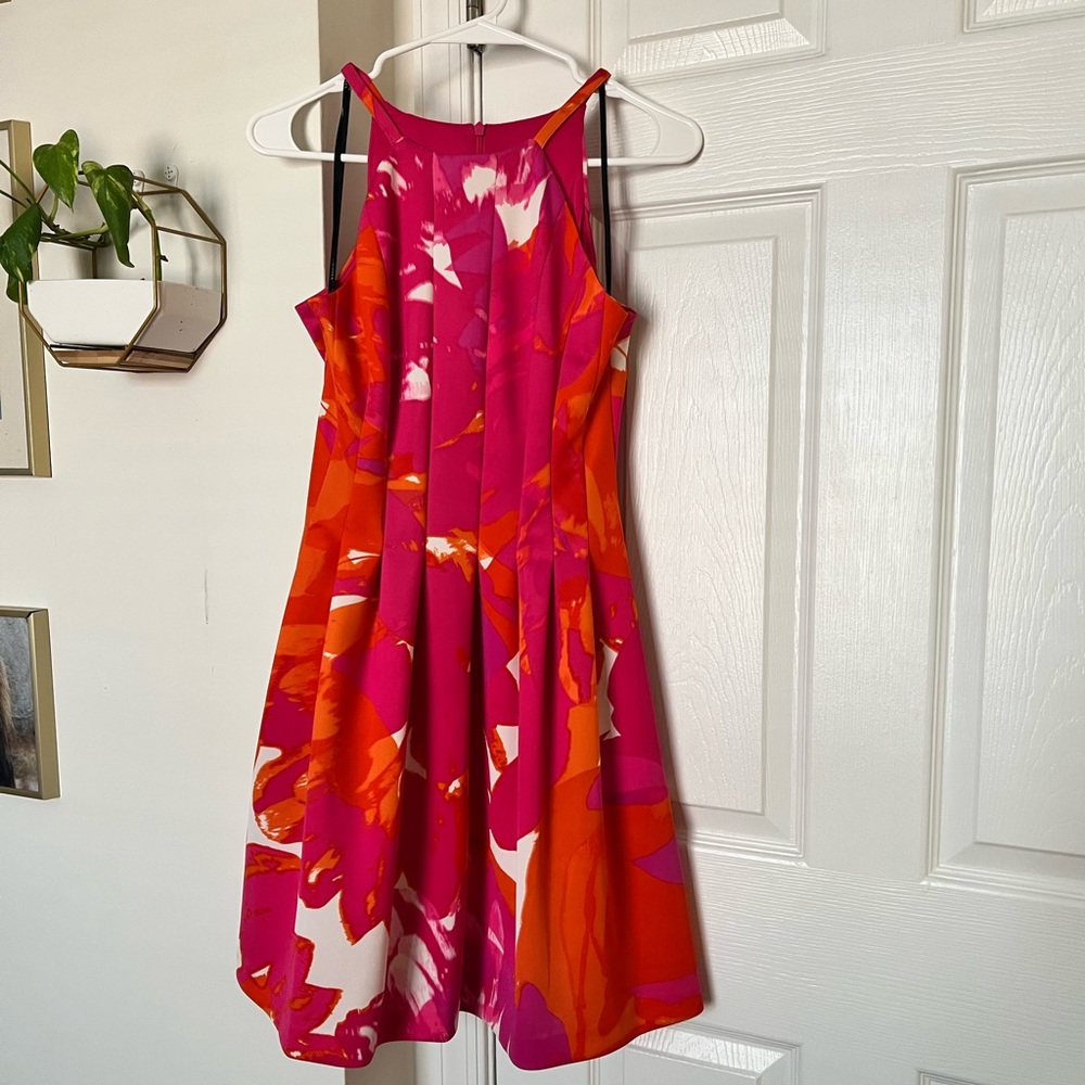 NWOT- VINCE CAMUTO PINK, WHITE & ORANGE FIT AND FLARE DRESS WITH POCKETS